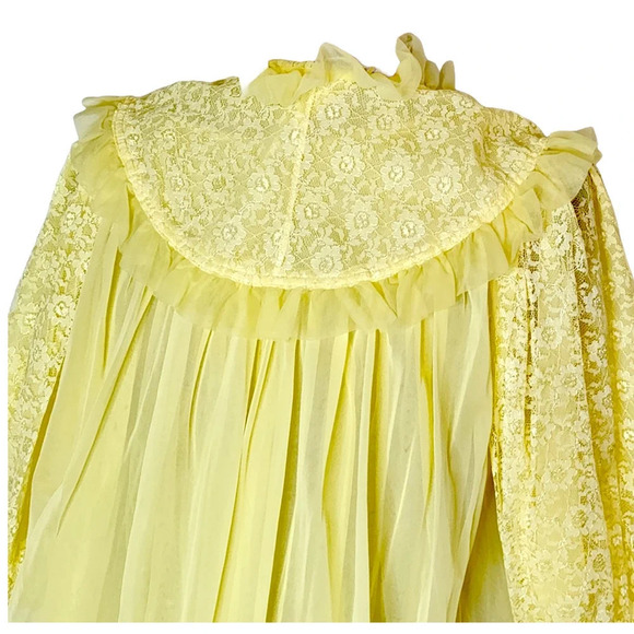 Vintage 60 70s Matching Peignoir Lace sheer Chiffon Set Size Large Medium Yellow - Picture 5 of 16